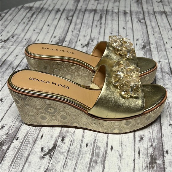 Donald J. Pliner Gold Wedge Slides with gem Embellishment - Picture 3 of 5